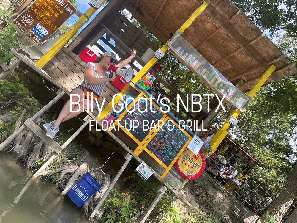 Billy Goat's NBTX the only Float-up Bar & Grill on the Guadalupe River, New Braunfels, Texas.